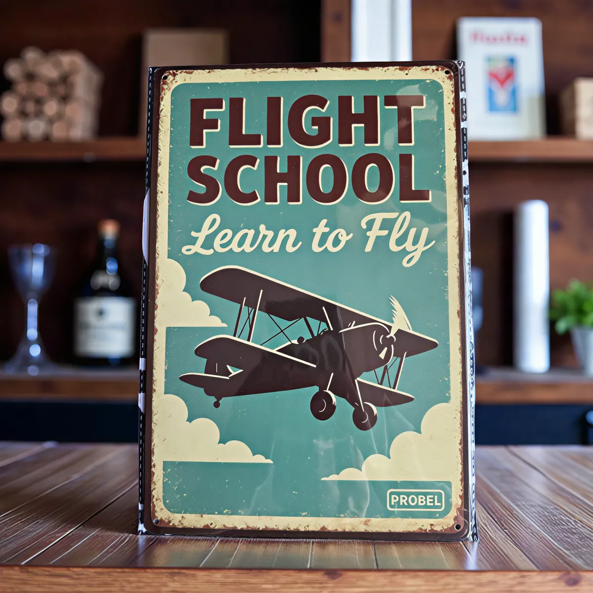 Kovová cedule "Flight School – Learn to Fly"