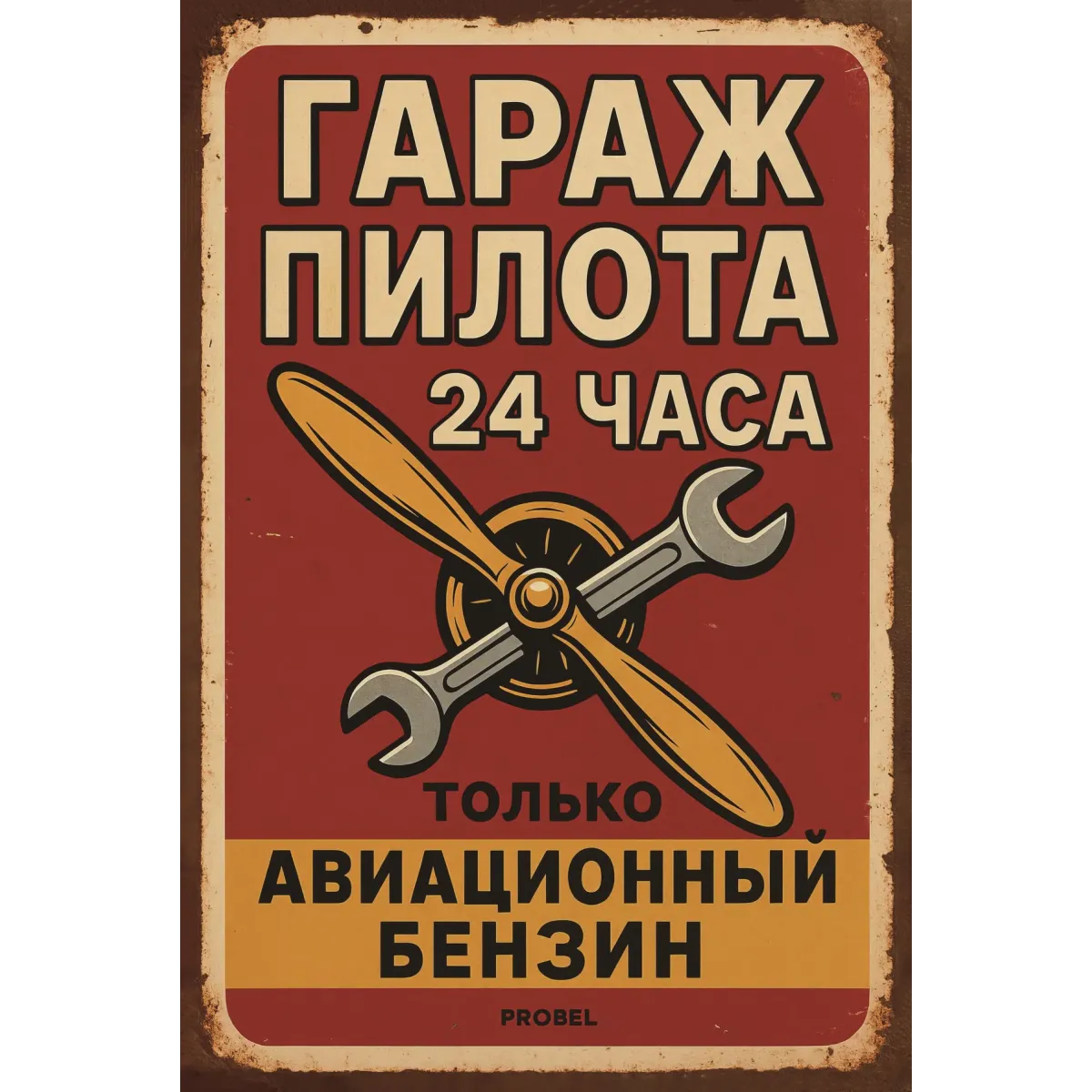 Metallschild "Pilotengarage – 24 Stunden – Nur Flugbenzin" (rus)