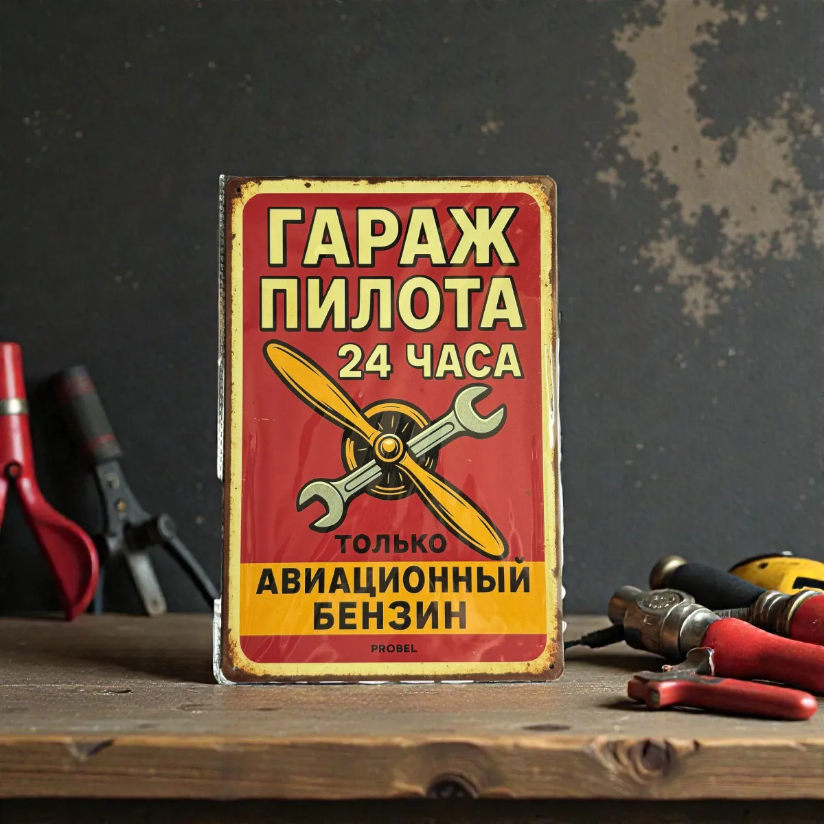 Metallschild "Pilotengarage – 24 Stunden – Nur Flugbenzin" (rus)