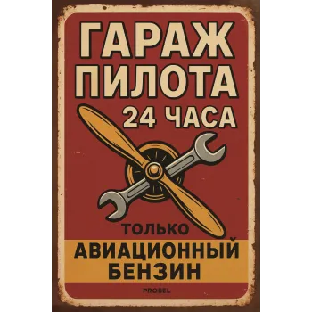Metallschild "Pilotengarage – 24 Stunden – Nur Flugbenzin" (rus)