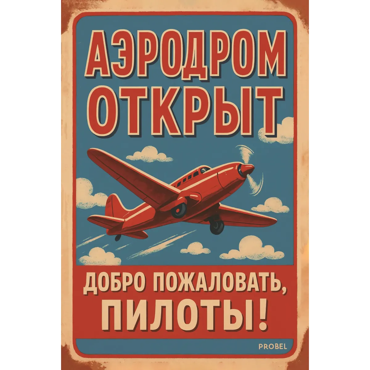 Tablica metalowa "Lotnisko otwarte – Witamy pilotów! (RUS)"