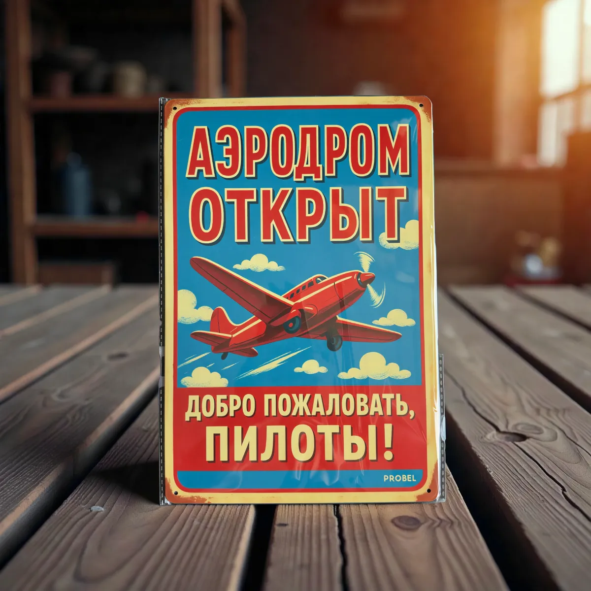 Tablica metalowa "Lotnisko otwarte – Witamy pilotów! (RUS)"