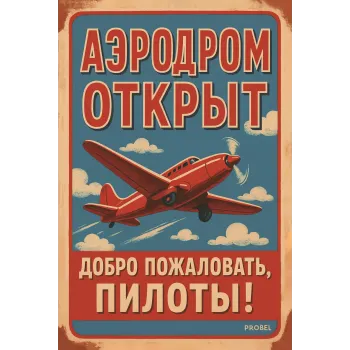 Metallschild "Аэродром открыт – Добро пожаловать, пилоты!" (RUS)