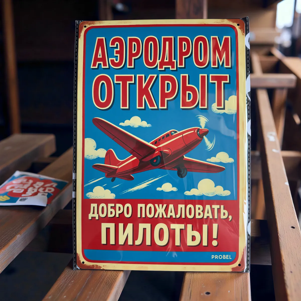 Tablica metalowa "Lotnisko otwarte – Witamy pilotów! (RUS)"