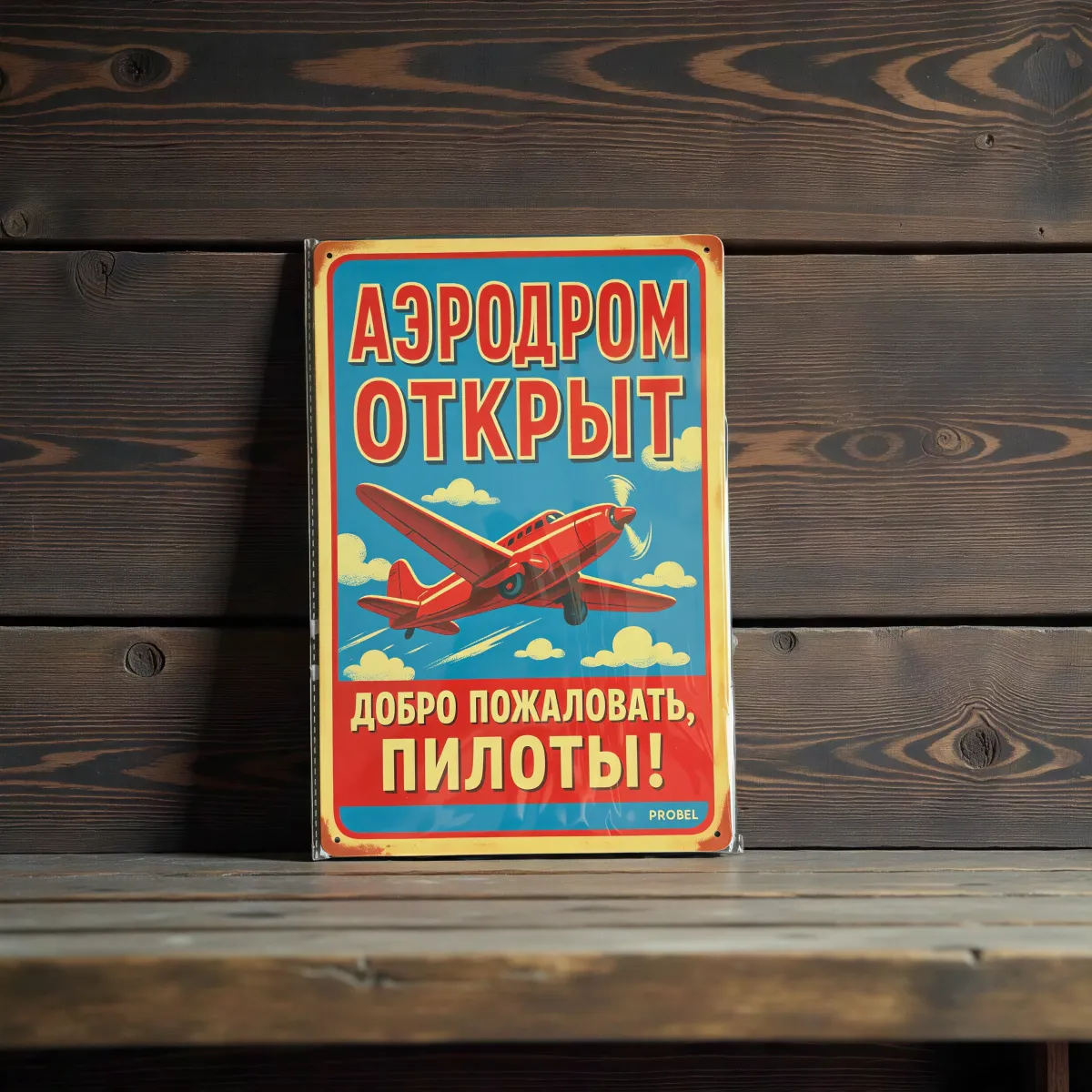 Tablica metalowa "Lotnisko otwarte – Witamy pilotów! (RUS)"