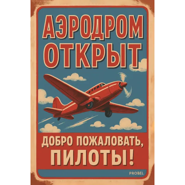 Metallschild "Аэродром открыт – Добро пожаловать, пилоты!" (RUS)
