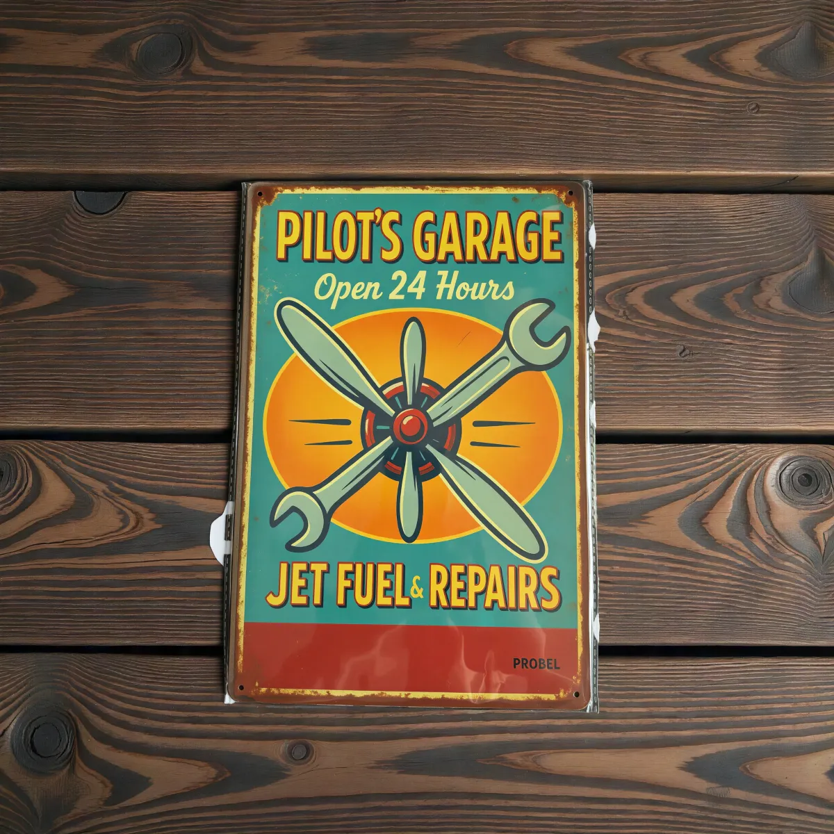 Metallschild "Pilot’s Garage – Open 24 Hours – Jet Fuel & Repairs"
