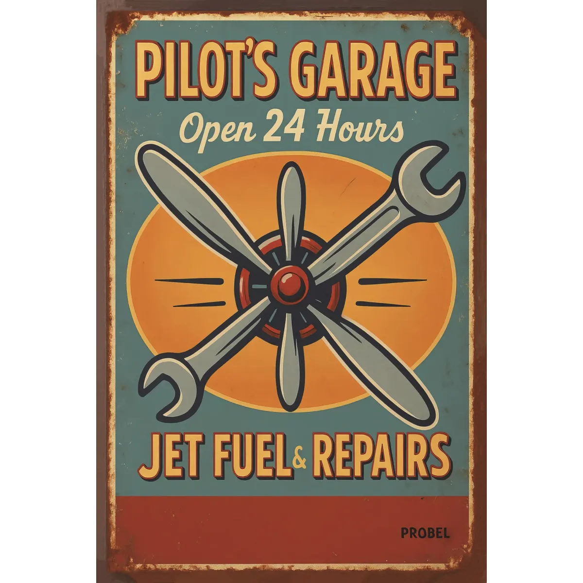 Metallschild "Pilot’s Garage – Open 24 Hours – Jet Fuel & Repairs"
