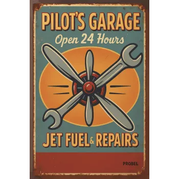 Metallschild "Pilot’s Garage – Open 24 Hours – Jet Fuel & Repairs"