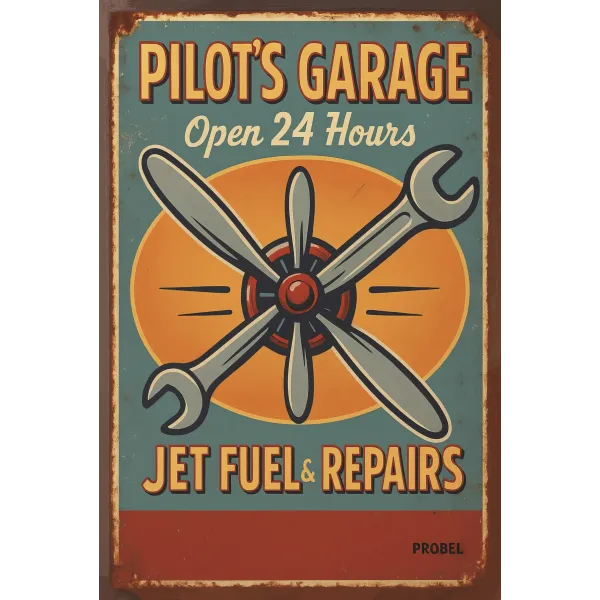 Metallschild "Pilot’s Garage – Open 24 Hours – Jet Fuel & Repairs"