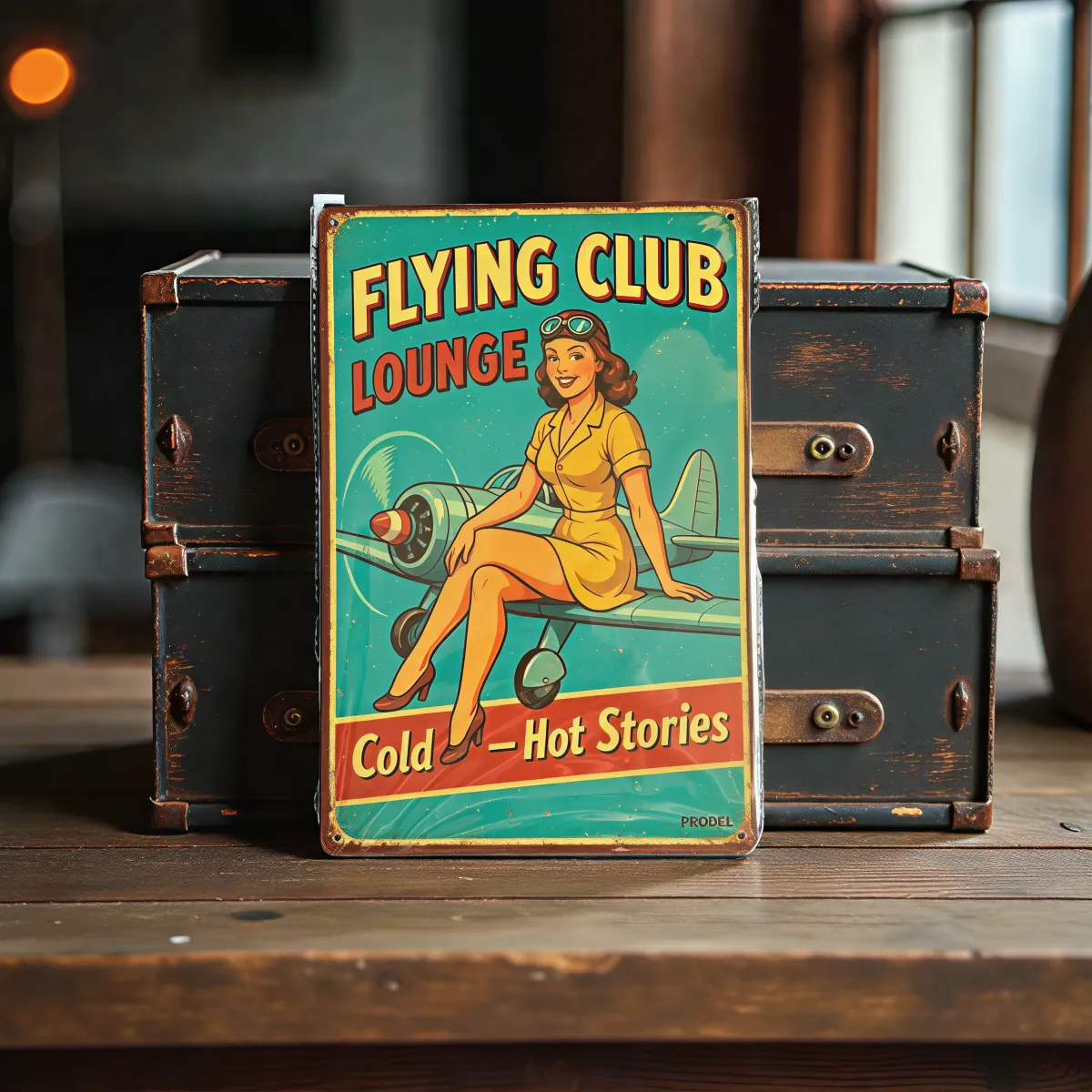 Metallschild "Flying Club Lounge – Cold – Hot Stories"