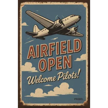 Metallschild Airfield Open – Welcome Pilots! (Twin Engine Plane)