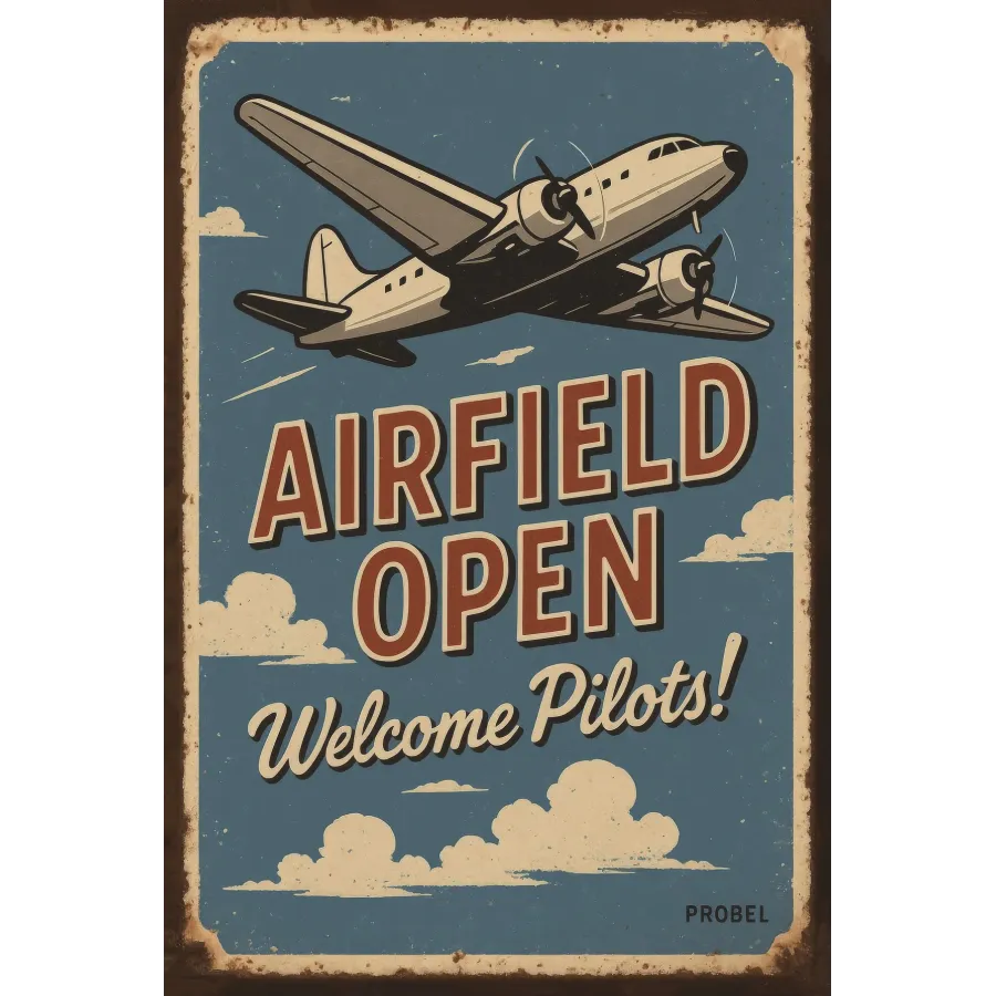 Metallschild Airfield Open – Welcome Pilots! (Twin Engine Plane)