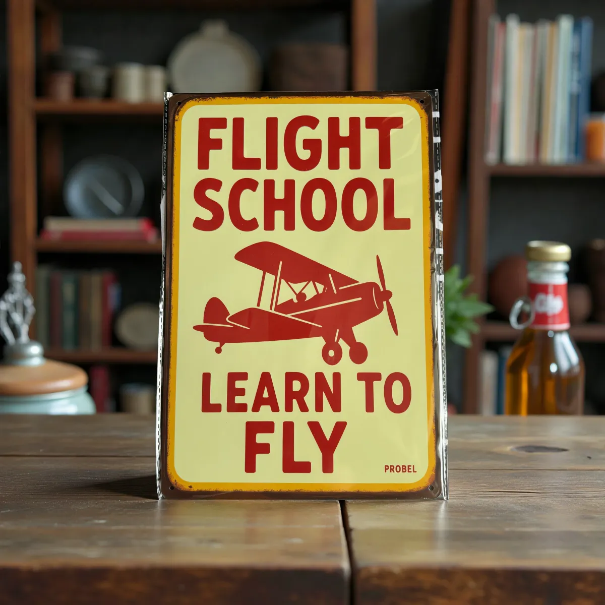 Metallschild Flight School – Learn to Fly (Red Biplane)