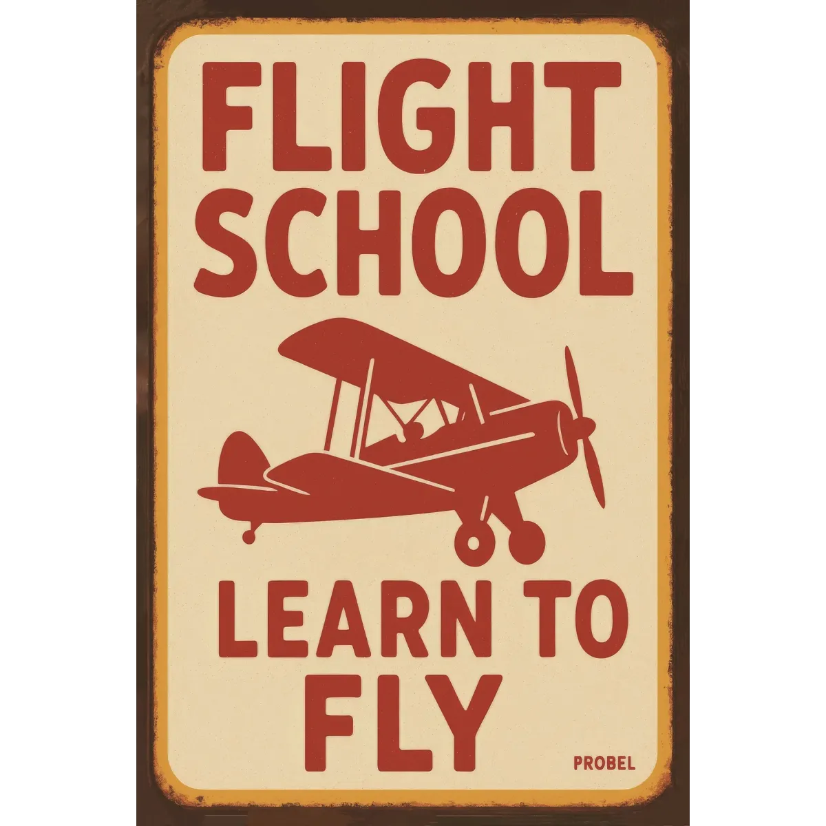 Metallschild Flight School – Learn to Fly (Red Biplane)