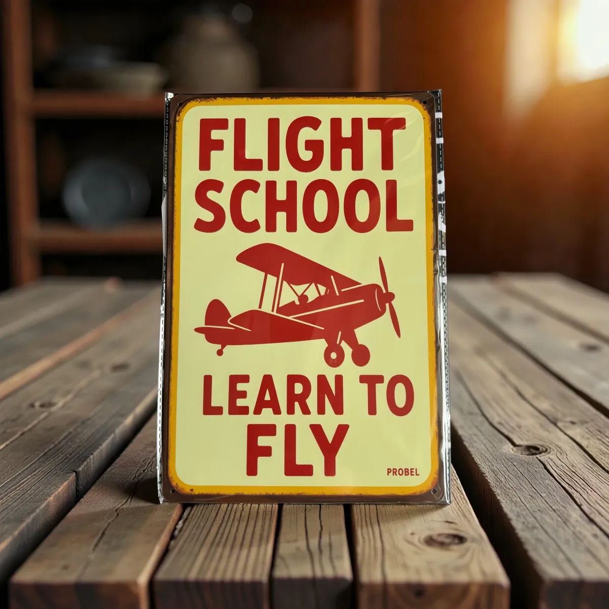 Metallschild Flight School – Learn to Fly (Red Biplane)