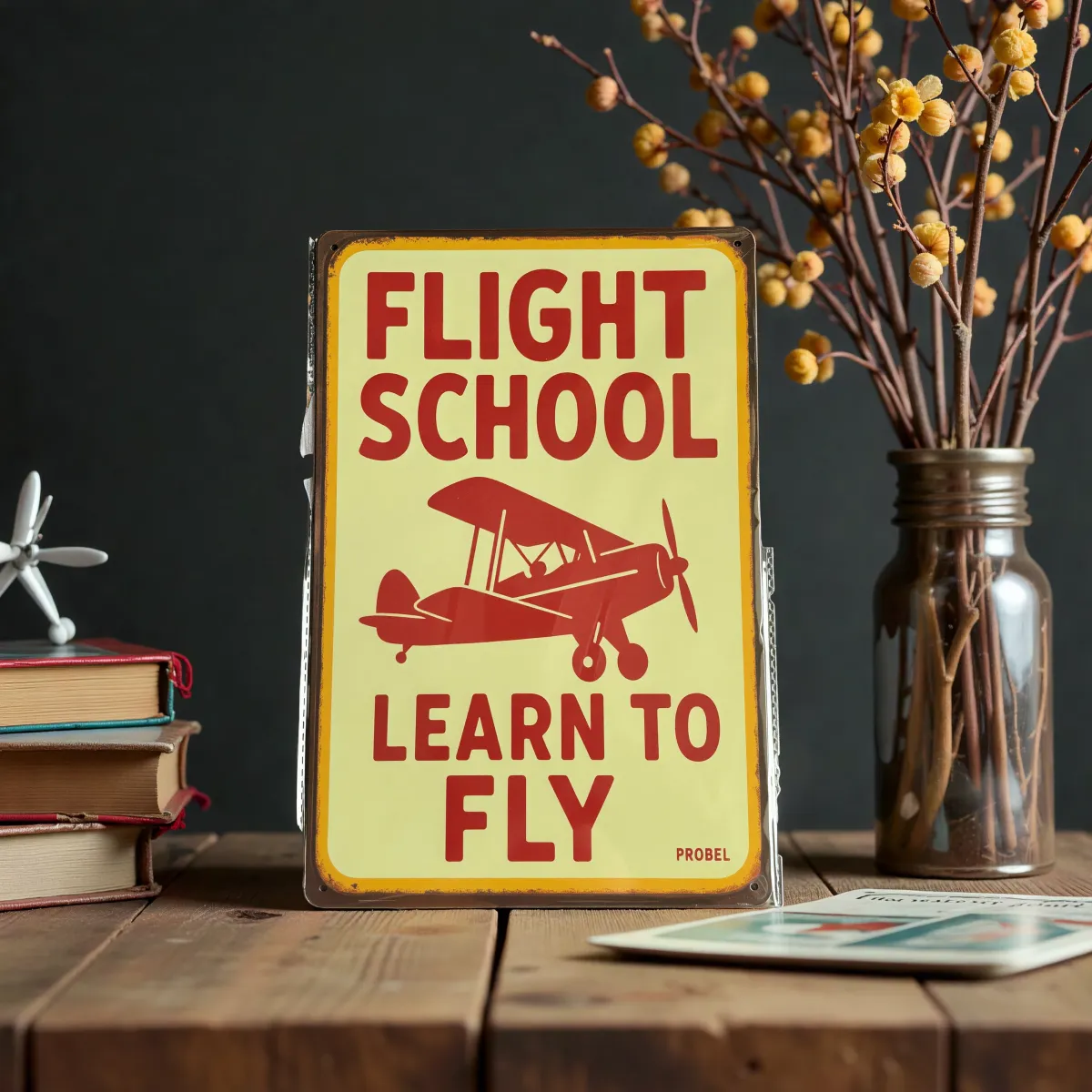 Metallschild Flight School – Learn to Fly (Red Biplane)