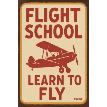 Metallschild Flight School – Learn to Fly (Red Biplane)