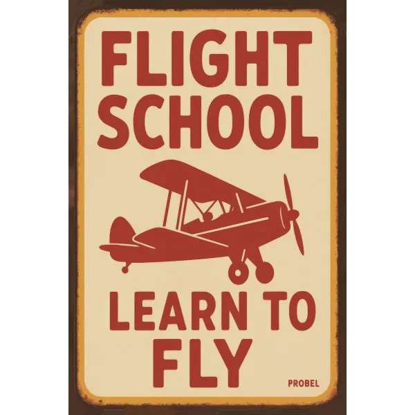 Metallschild Flight School – Learn to Fly (Red Biplane)