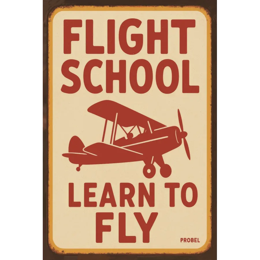 Metallschild Flight School – Learn to Fly (Red Biplane)