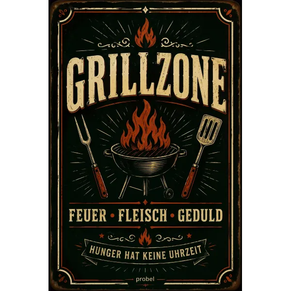 Metallschild "Grillzone – Feuer · Fleisch · Geduld", 20×30 cm