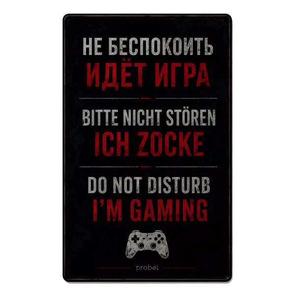 Metallschild "Bitte nicht stören – Ich zocke (RUS/GER/ENG)", 20×30 cm
