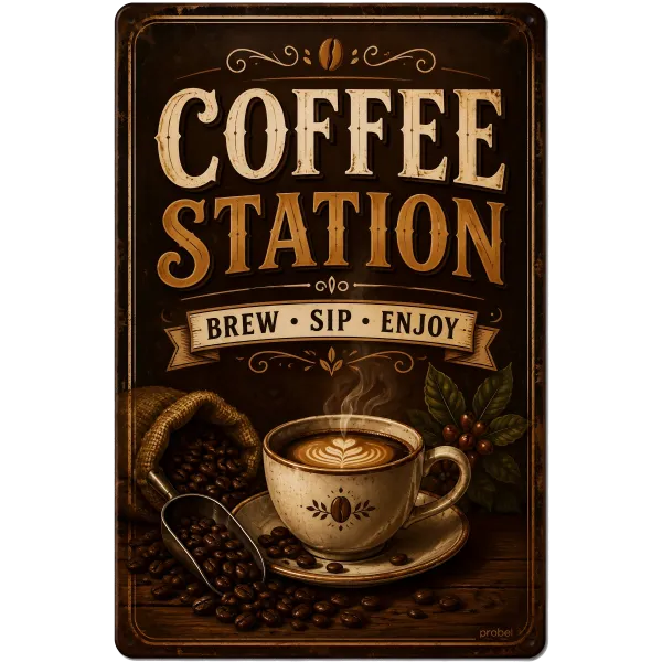 Metallschild "Coffee Station – Brew · Sip · Enjoy (ENG)", 20×30 cm