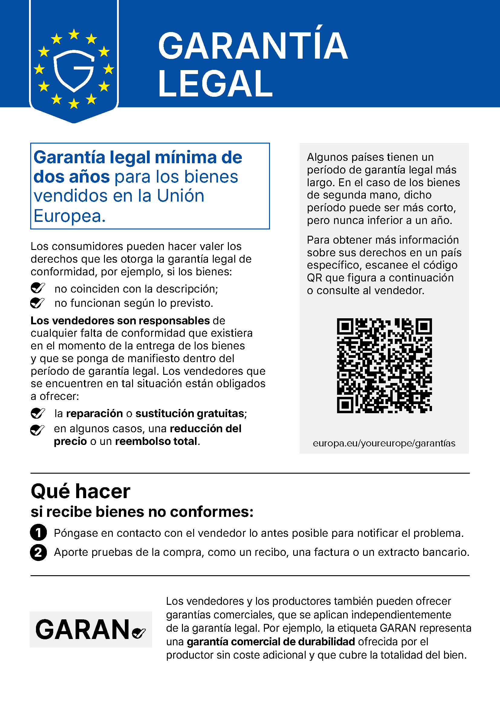 Aviso oficial de la UE sobre la garantía legal de conformidad